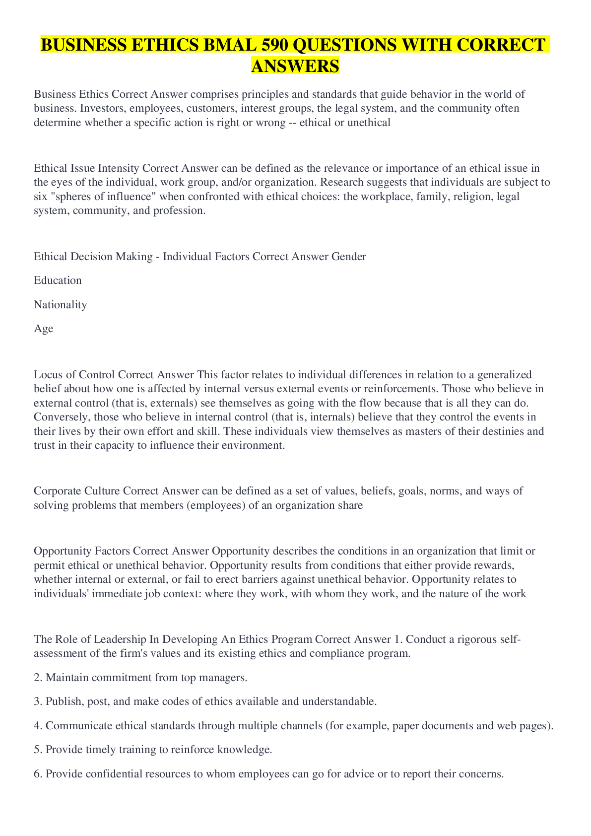 Recommended document preview for BUSINESS ETHICS BMAL 590 QUESTIONS WITH CORRECT ANSWERS